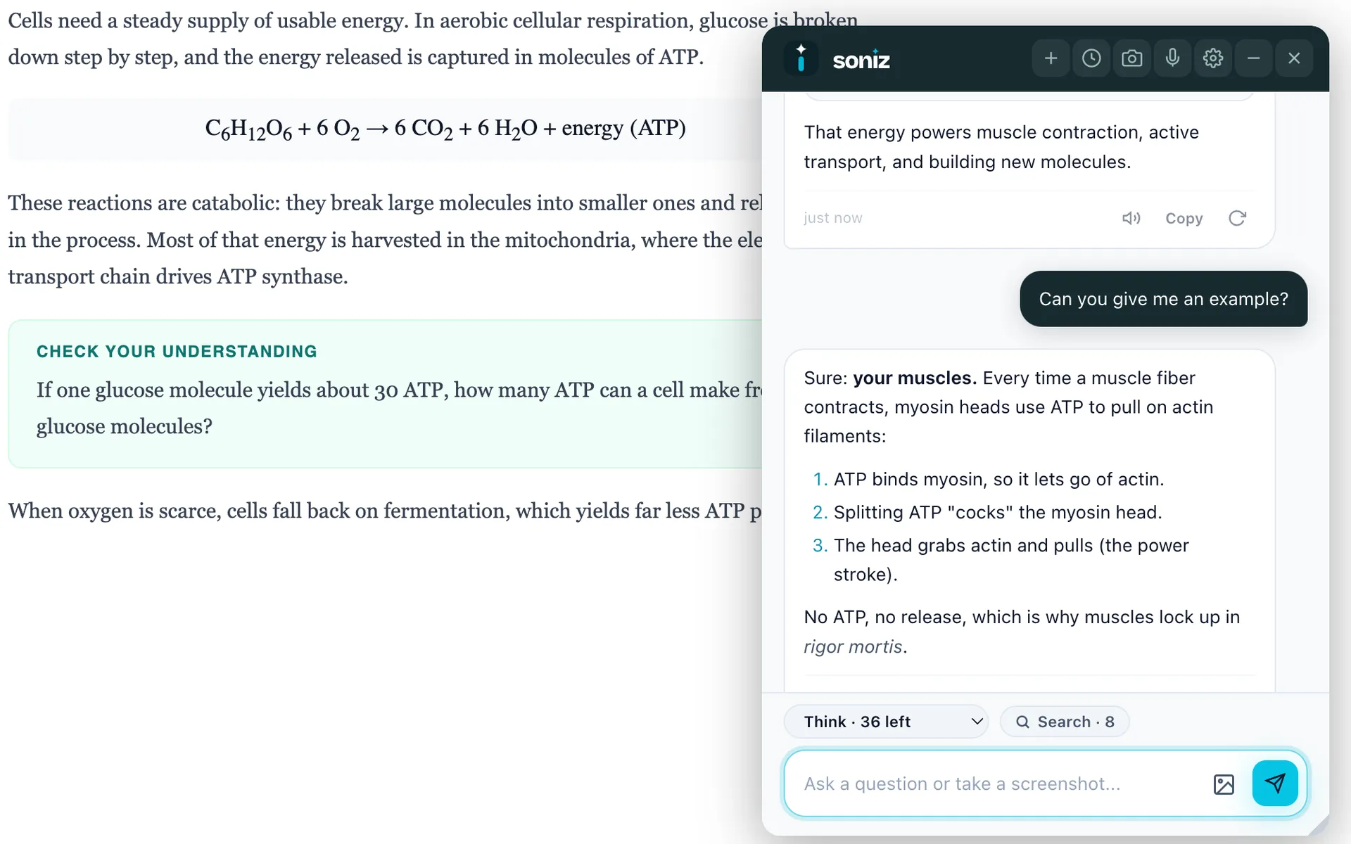 The floating Soniz chat on a biology page, answering a follow-up question with an example