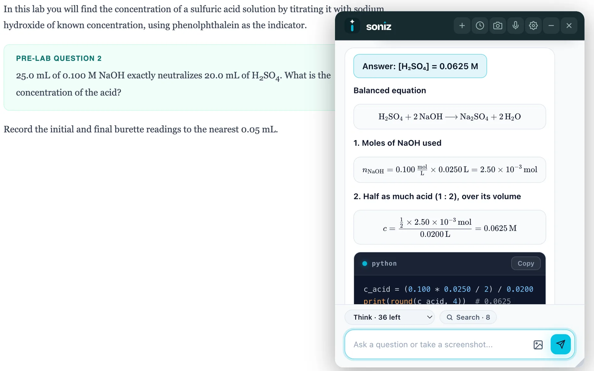 The Soniz chat solving a titration problem with rendered chemistry equations, math and Python code