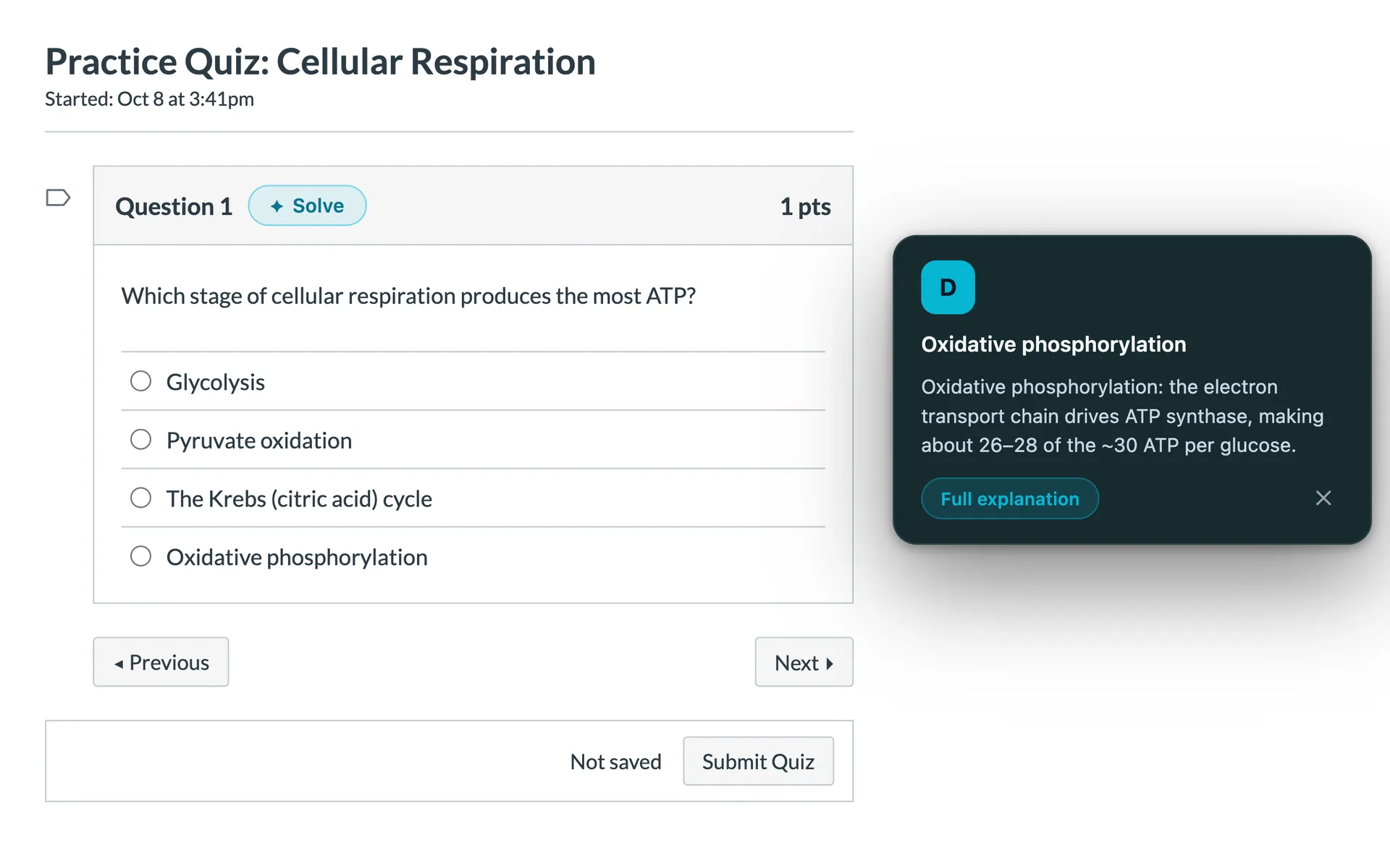 A Canvas practice quiz question with the Soniz Solve button beside Question 1 and its answer card: D, oxidative phosphorylation, with a one-line reason and Full explanation