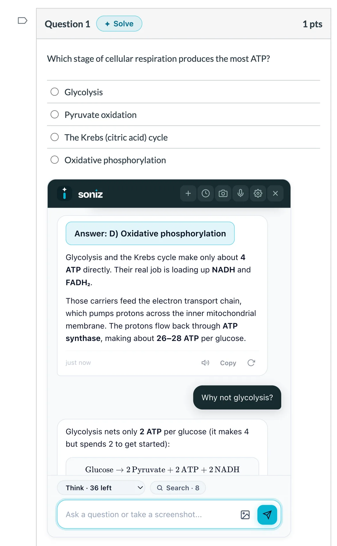 The Soniz chat inside a Canvas quiz, right under Question 1